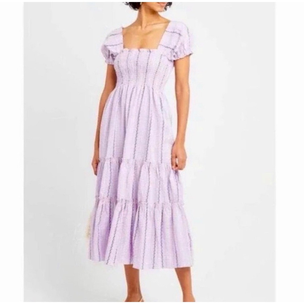 Caara Serenette Square Neck Smocked Gingham Midi Dress Lilac Size Medium
